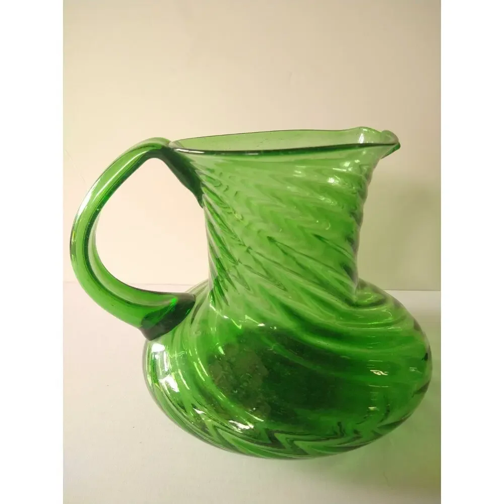 Vintage Hand Blown Large Green Glass Pitcher Ribbed 8.5